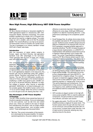 TA0012 datasheet - New High Power, High Efficiency HBT GSM Power Amplifier