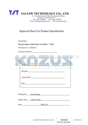 TA0283A datasheet - SAW Filter 315.5MHz TO39