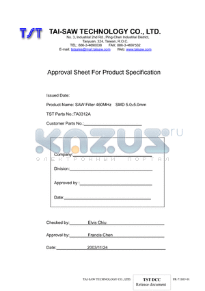 TA0312A datasheet - SAW Filter 460MHz SMD 5.05.0mm