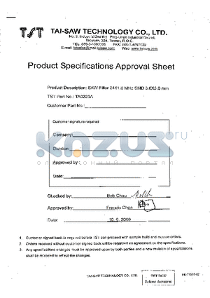 TA0223A datasheet - SAW Filter 2441.8 MHz for Bluetooth