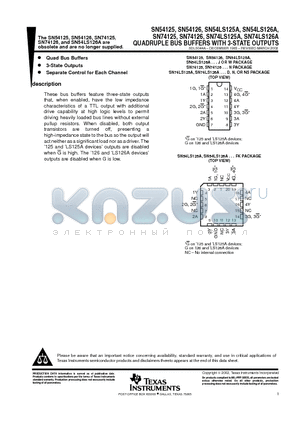 SN74125N3 datasheet - QUADRUPLE BUS BUFFERS WITH 3-STATE OUTPUTS
