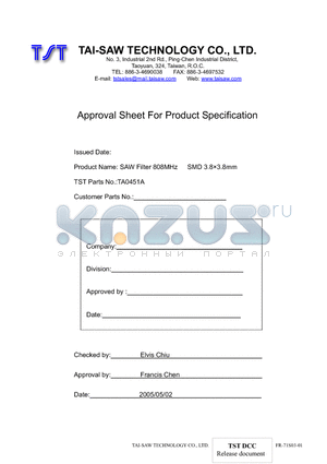 TA0451A datasheet - SAW Filter 808MHz SMD 3.83.8mm