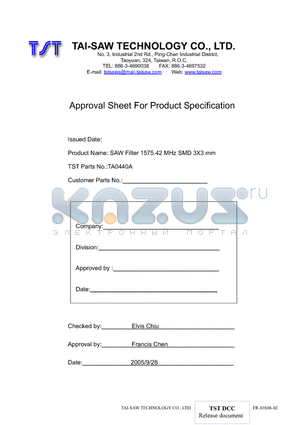 TA0440A datasheet - SAW Filter 1575.42 MHz SMD 3X3 mm