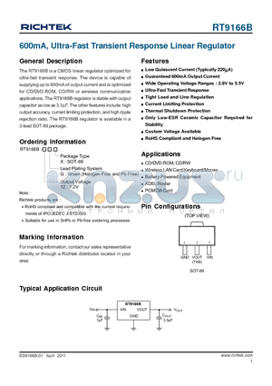 RT9166B datasheet - 600mA, Ultra-Fast Transient Response Linear Regulator