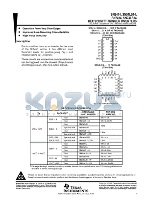 SN7414NSRE4 datasheet - HEX SCHMITT-TRIGGER INVERTERS