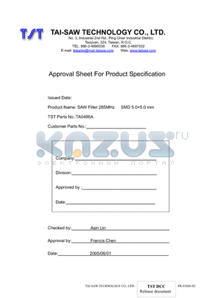 TA0486A datasheet - SAW Filter 285MHz SMD 5.05.0 mm