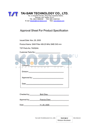 TA0524A datasheet - SAW Filter 499.25 MHz SMD 5X5 mm