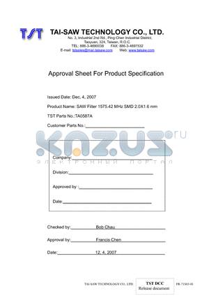 TA0587A datasheet - SAW Filter 1575.42 MHz SMD 2.0X1.6 mm