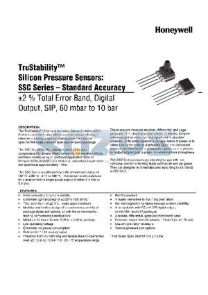 SSCSAAD1.6BC3A3 datasheet - TruStability silicon Pressure Sensors: SSC Series-Standard Accuracy -2% total Error band,Digital output,SIP,60 mbar to 10 bar