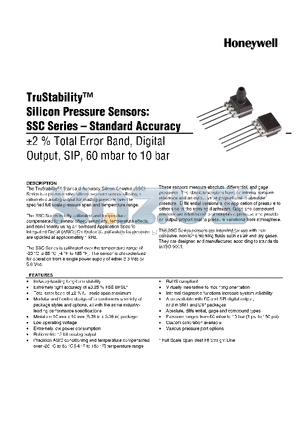 SSCSAAD1.6BCSA3 datasheet - TruStability silicon Pressure Sensors: SSC Series-Standard Accuracy -2% total Error band,Digital output,SIP,60 mbar to 10 bar