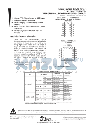 SN7417D datasheet - HEX  BUFFERS/DRIVERS WITH OPEN-COLLECTOR HIGH-VOLTAGE OUTPUTS