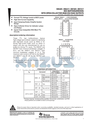 SN7417N3 datasheet - HEX  BUFFERS/DRIVERS WITH OPEN-COLLECTOR HIGH-VOLTAGE OUTPUTS