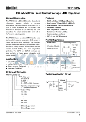 RT9168-22CBR datasheet - 200MA / 500MA FIXED OUTPUT VOLTAGE LDO REGULATOR