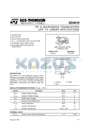 SD4010 datasheet - RF & MICROWAVE TRANSISTORS UHF TV LINEAR APPLICATIONS