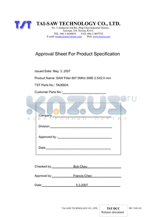 TA0680A datasheet - SAW Filter 867.5MHz SMD 2.5X2.0 mm