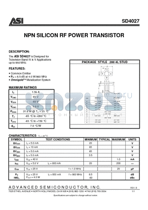 SD4027 datasheet - NPN SILICON RF POWER TRANSISTOR