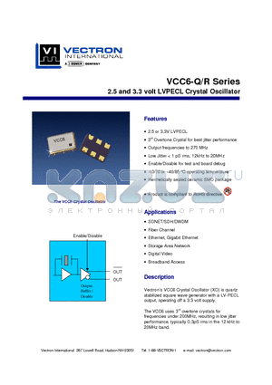VCC6-QAD-166M00 datasheet - 2.5 and 3.3 volt LVPECL Crystal Oscillator
