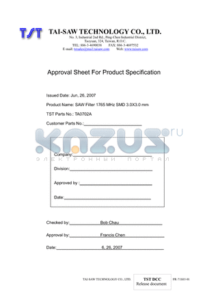 TA0702A datasheet - SAW Filter 1765 MHz SMD 3.0X3.0 mm