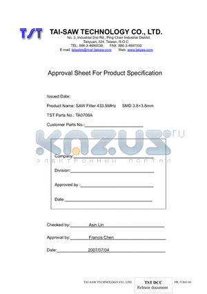 TA0708A datasheet - SAW Filter 433.5MHz SMD 3.83.8mm