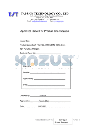 TA0723A datasheet - SAW Filter 433.42 MHz SMD 3.8X3.8 mm