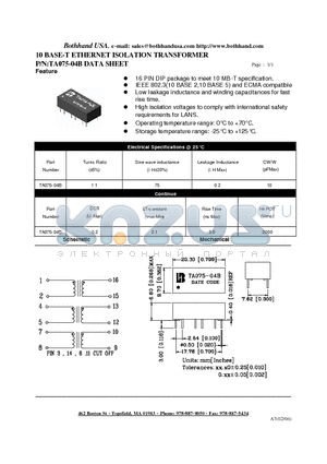 TA075-04B datasheet - 10 BASE-T ETHERNET ISOLATION TRANSFORMER