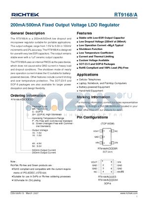 RT9168A16PBR datasheet - 200mA/500mA Fixed Output Voltage LDO Regulator