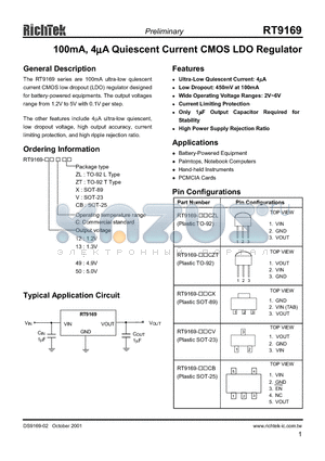 RT9169-12CCB datasheet - 100 mA, 4uA QUIESCENT CURRENT CMOS LDO REGULATOR