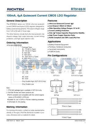 RT9169-12GV datasheet - 100mA, 4lA Quiescent Current CMOS LDO Regulator