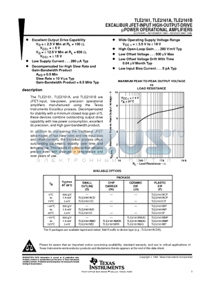 TLE2161 datasheet - EXCALIBUR JFET-INPUT HIGH-OUTPUT-DRIVE mPOWER OPERATIONAL AMPLIFIERS