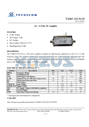 TA085-110-30-29 datasheet - 8.5 - 11 GHz 1W Amplifier