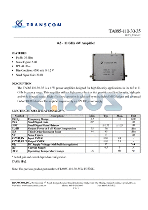 TA085-110-30-35 datasheet - 8.5 - 11 GHz 4W Amplifier
