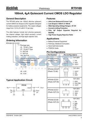 RT9169-16CZT datasheet - 100 mA, 4uA QUIESCENT CURRENT CMOS LDO REGULATOR
