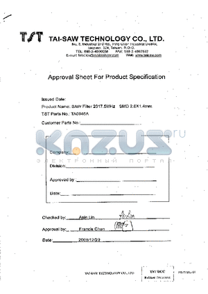 TA0946A datasheet - SAW Filter 2017.5 MHz