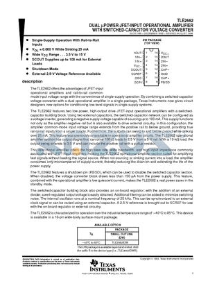 TLE2662 datasheet - DUAL uPOWER JFET-INPUT OPERATIONAL AMPLIFIER WITH SWITCHED-CAPACITOR VOLTAGE CONVERTER