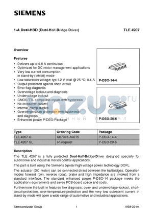 TLE4207 datasheet - 1-A Dual-HBD (Dual-Half-Bridge Driver)