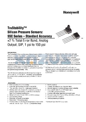 SSCSANN005PGAB3 datasheet - TruStability silicon Pressure Sensors: SSC Series-Standard Accuracy -2% total Error band,Analog output,SIP,1 psi to 150 psi