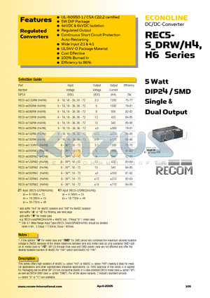 REC5-4812SRW/H6 datasheet - 5 Watt DIP24 / SMD Single & Dual Output