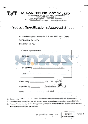 TA1067A datasheet - SAW Filter 918 MHz