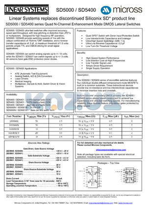 SD5000 datasheet - Quad N-Channel Enhancement Mode DMOS Lateral Switches