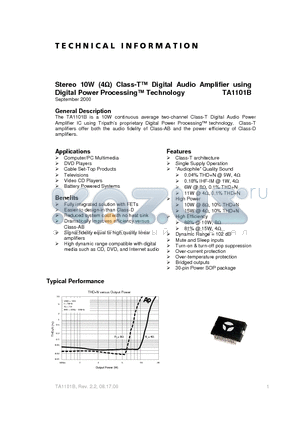 TA1101B datasheet - Stereo 10W (4) Class-T Digital Audio Amplifier using Digital Power Processing Technology