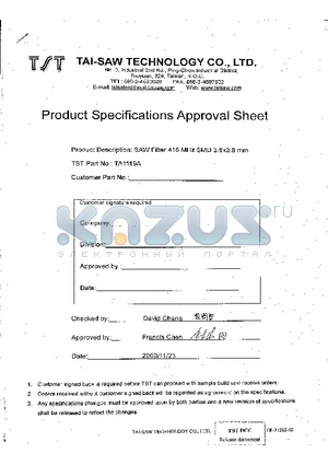 TA1119A datasheet - SAW Filter 416 MHz