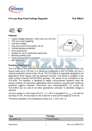 TLE4264-2G datasheet - 5-V Low Drop Fixed Voltage Regulator Output voltage tolerance  a3% (a2% up to 50 mA)