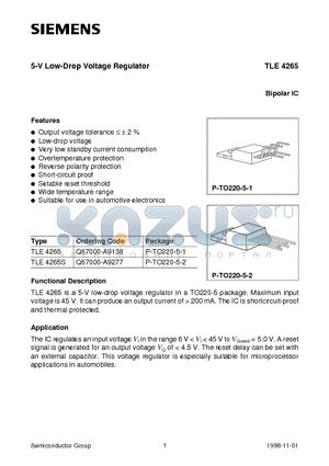 TLE4265S datasheet - 5-V Low-Drop Voltage Regulator