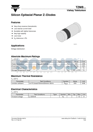 TZMB20 datasheet - Silicon Epitaxial Planar Z-Diodes