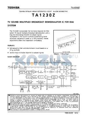 TA1230Z datasheet - TV SOUND MULTIPLEX BROADCAST DEMODULATOR IC FOR EIAJ SYSTEM