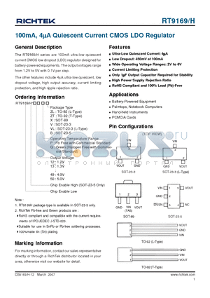 RT9169-49GVL datasheet - 100mA, 4lA Quiescent Current CMOS LDO Regulator