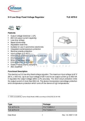 TLE4270-2D datasheet - 5-V Low Drop Fixed Voltage Regulator