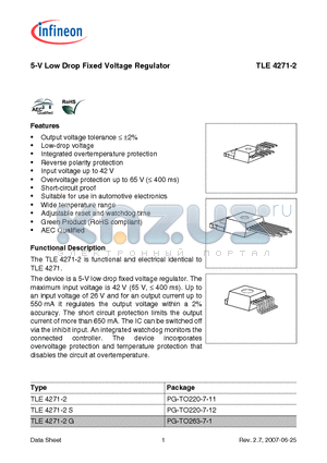TLE4271-2G datasheet - 5-V Low Drop Fixed Voltage Regulator Output voltage tolerance  a2%
