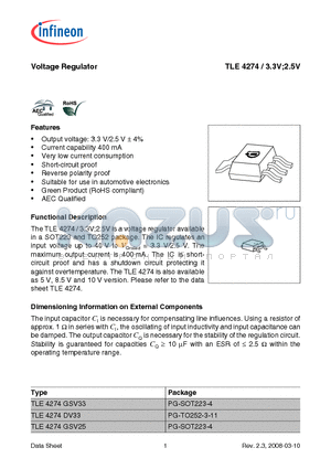 TLE4274GSV25 datasheet - Voltage Regulator Output voltage: 3.3 V/2.5 V a 4%