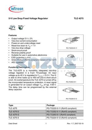 TLE4275 datasheet - 5-V Low Drop Fixed Voltage Regulator 5-V Low Drop Fixed Voltage Regulator